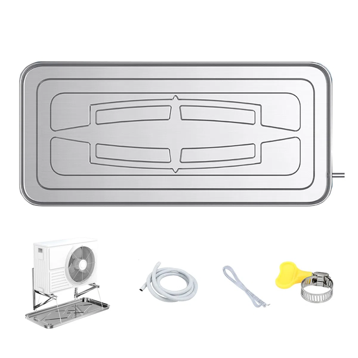 Bandeja de drenaje de aire acondicionado, bandeja de goteo universal de acero inoxidable con tubo para ventana central y unidades de aire acondicionado portátiles, solución esencial de recolección de