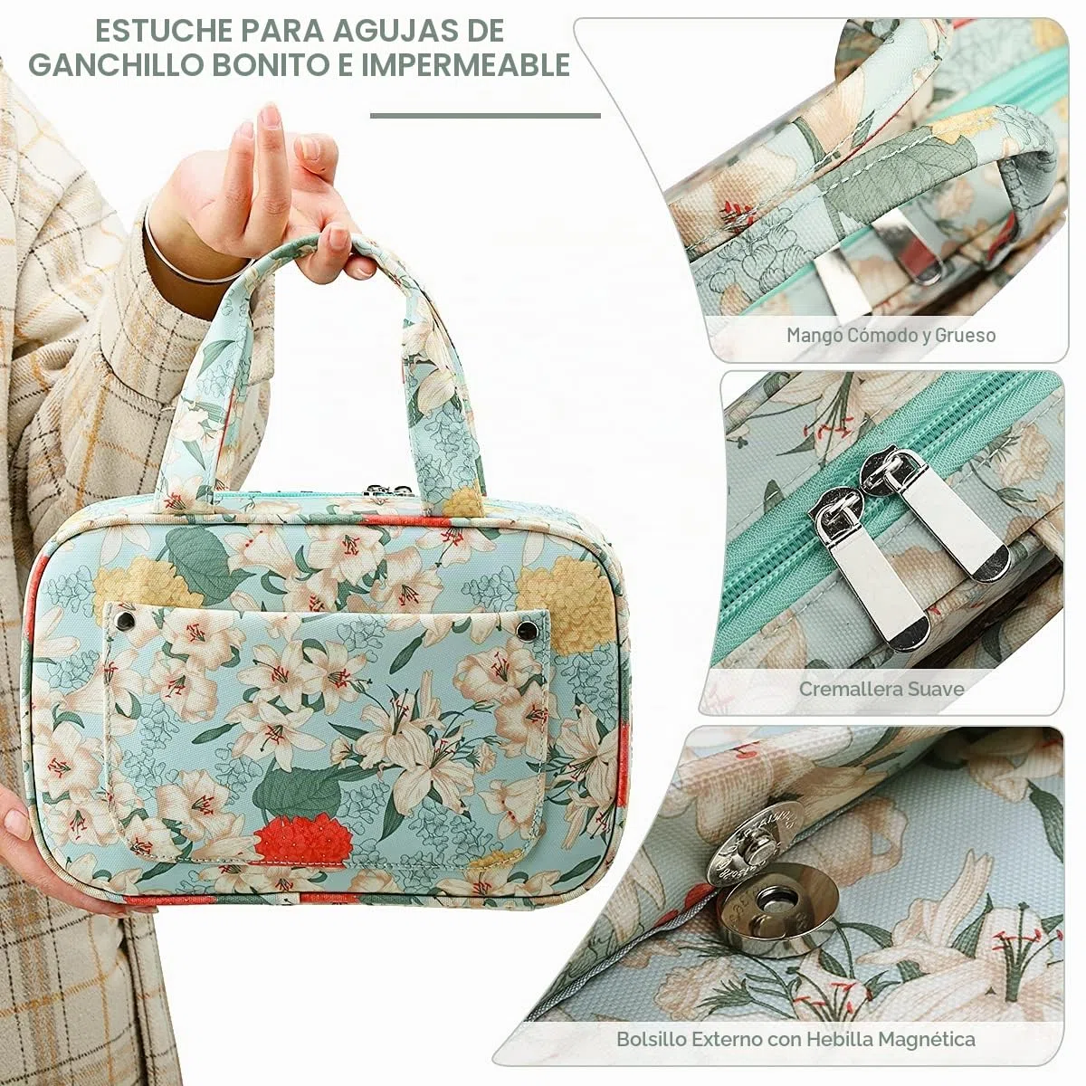 Coopay Organizador de Tejer y Ganchillo, Bolsa de Herramientas de Ganchillo, Bolso de Mano con Bolsillos de con Cremallera, para Agujas Circulares intercambiables,Ganchillo y Otro Accesorios