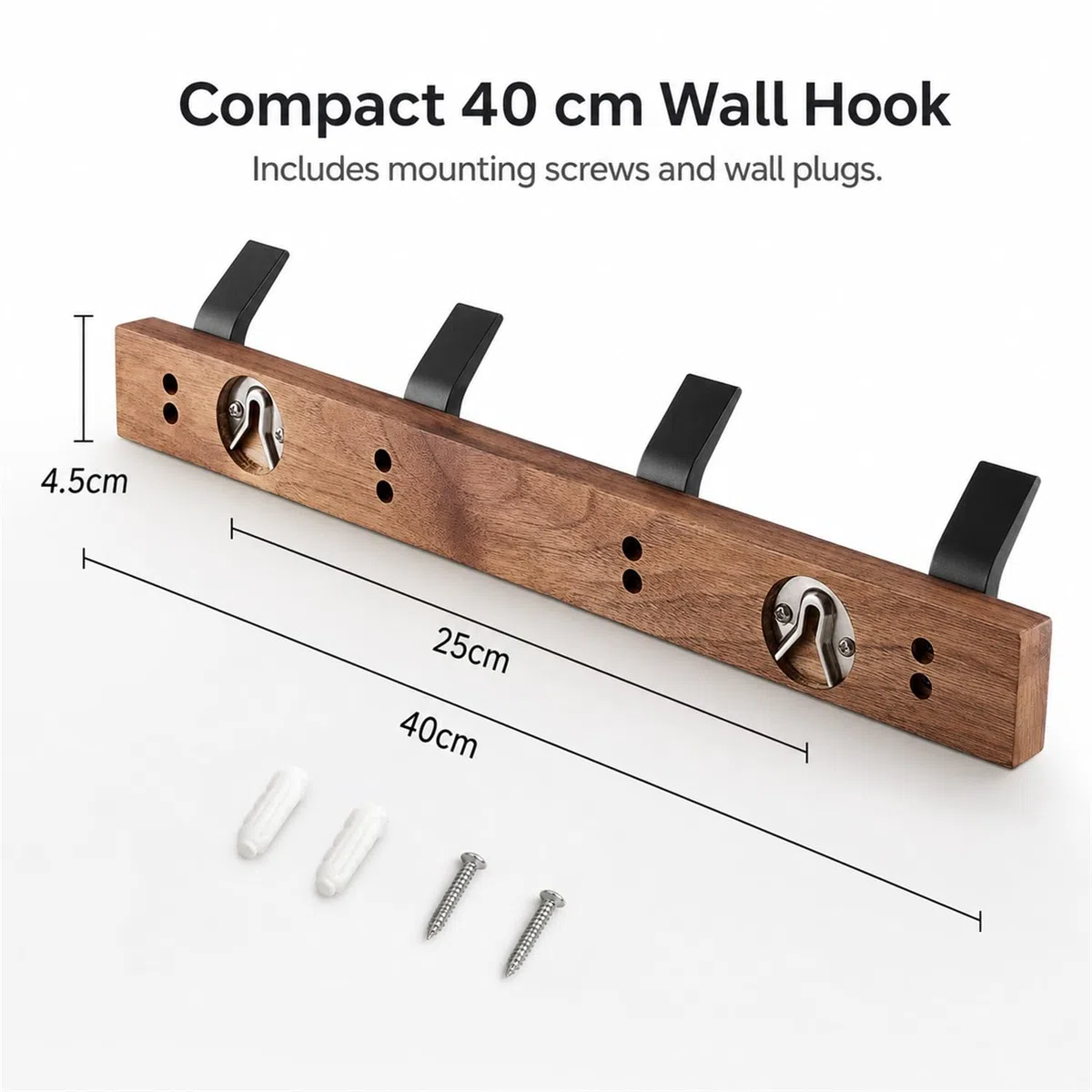 Perchero de Pared de Madera Maciza de Nogal Negro, 40 cm, 4 Ganchos Dobles de Metal Negro, Colgador de Pared para Abrigos, Toallas, Bolsos y Llaves, Entrada, Baño y Dormitorio