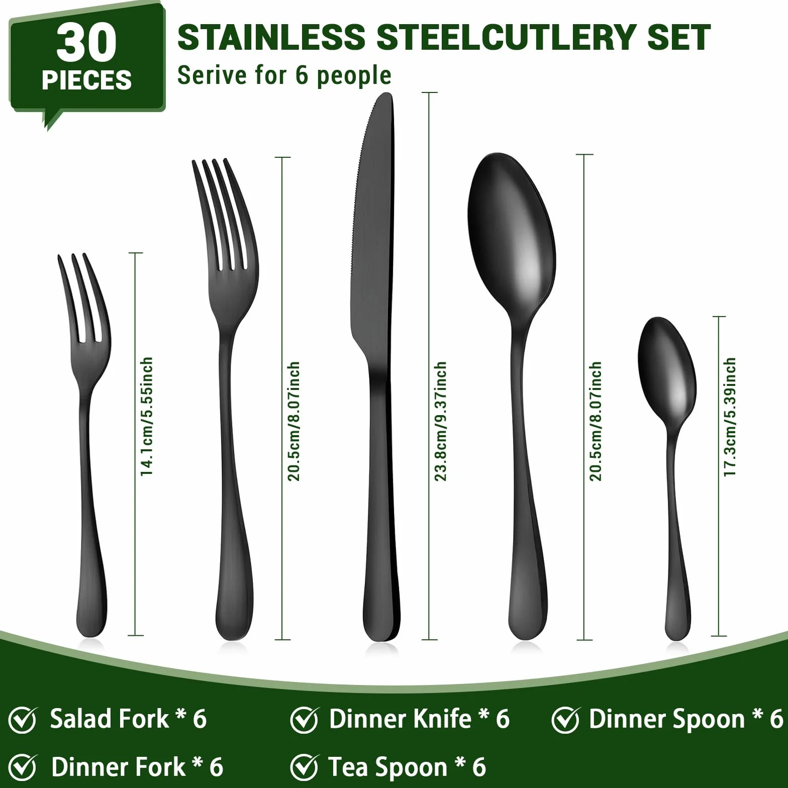 BEWOS Juego de cubiertos para 6 personas, juego de cubiertos negro mate de 30 piezas que incluye cuchillo, tenedor, cuchara, cubiertos de acero inoxidable, apto para lavavajillas