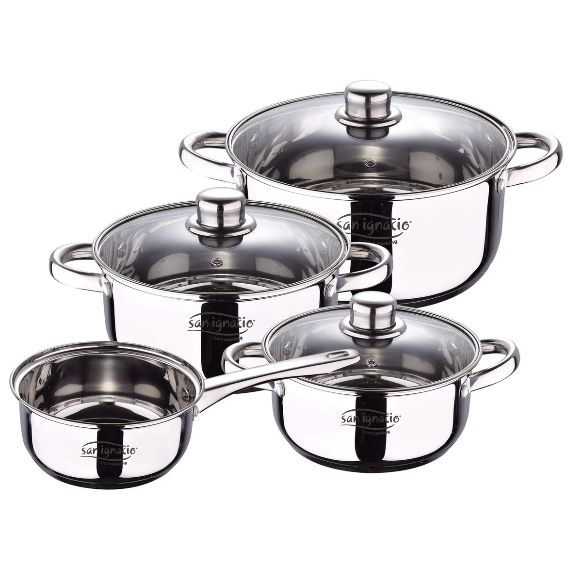 San Ignacio Bateria 7pcs acero inoxidable: Cazo sin tapa Ø16 / Cacerolas con tapa Ø18 ; Ø20 y Ø24 (4.0L) y Set de 3 sartenes Ø16/20/24 cm, aluminio prensado
