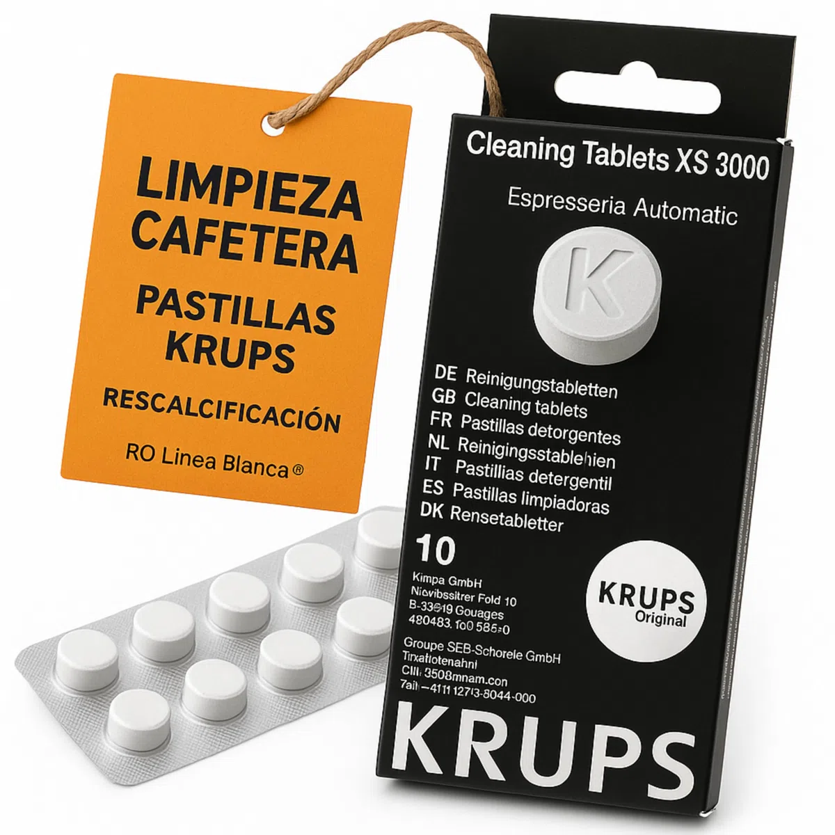RO Linea Blanca ® Pastillas de Limpieza Compatibles con Krups XS3000 Pack 10 Tabletas Eliminan Grasa y Café en 3 Fases sin Fragancia para XP9000 EA8000 XP7220 Protege Circuito de Agua de Cafetera