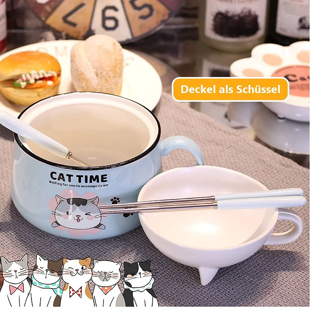 Ramen - Cuenco con tapa, diseño de gato dulce y asa, cuenco de cerámica de 1020 ml