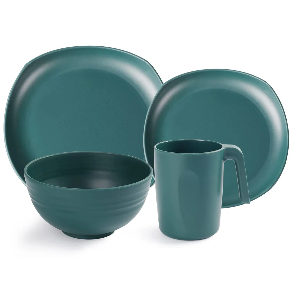 Greentainer Vajilla de PP | Vajilla combinada con 4 platos llanos, 4 platos de postre, 4 cuencos, 4 tazas para 4 personas, ligero e irrompible, 16 piezas para niños y adultos