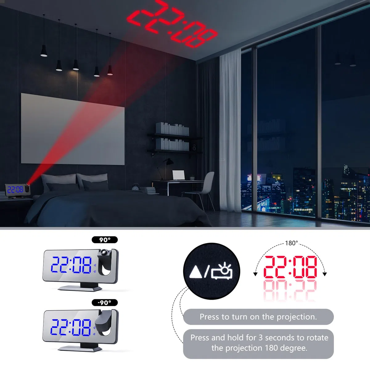 Despertador de proyección, Reloj Despertador Digital con Proyector con Temperatura y Fecha Pantalla Grande 4 Niveles de Brillo Modo Nocturno 12/24H,Puerto de Carga USB,Doble Alarma