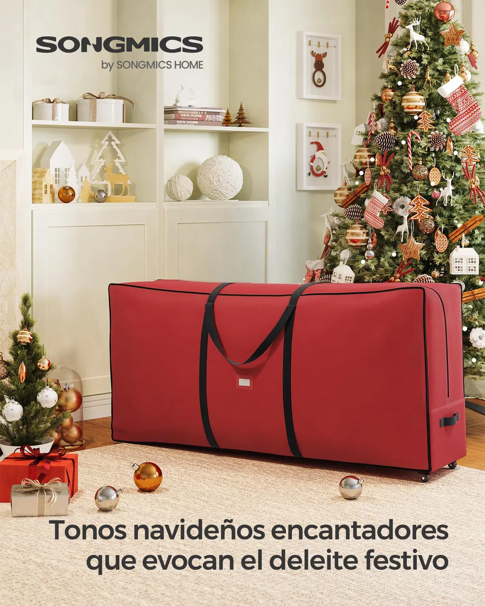 SONGMICS Bolsa de Almacenamiento para Árbol de Navidad con Ruedas de 40 mm, Bolsa Rodante, hasta 274 cm, para Árbol de Navidad Desmontado, Asas Ajustables, Tejido Oxford 600D, Rojo Cereza RXS004R01