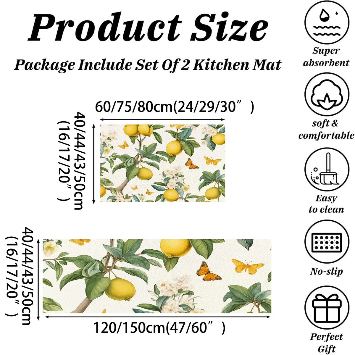 2 Piezas Antideslizante Cocina Absorbente Lavable Jardín De Limones Alfombra De Pie De Cocina Plantas Naturales para Comedor Dormitorio Portal Salón 43X75+43X150Cm, Verde Claro