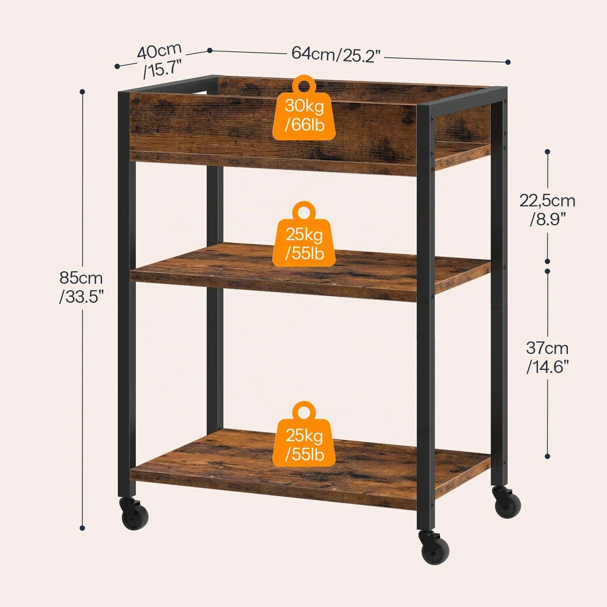HOOBRO Carro de Servicio de 3 Niveles, Carrito con Barandilla, Carro de Cocina, Estantería de Comedor y Bar, 64 x 40 x 85 cm, para Restaurante, Salón, Bar, Marrón Rústico y Negro EBF64TC01