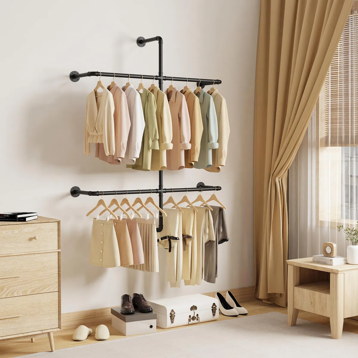 Yawinhe Barra Para Colgar Ropa de Pared,2 columnas Burro Ropa,Negro | Armario Abierto,Perchero Industrial Resistente;Barra Perchero de Tubos Metálicos para Dormitorio,para Tienda de Ropa