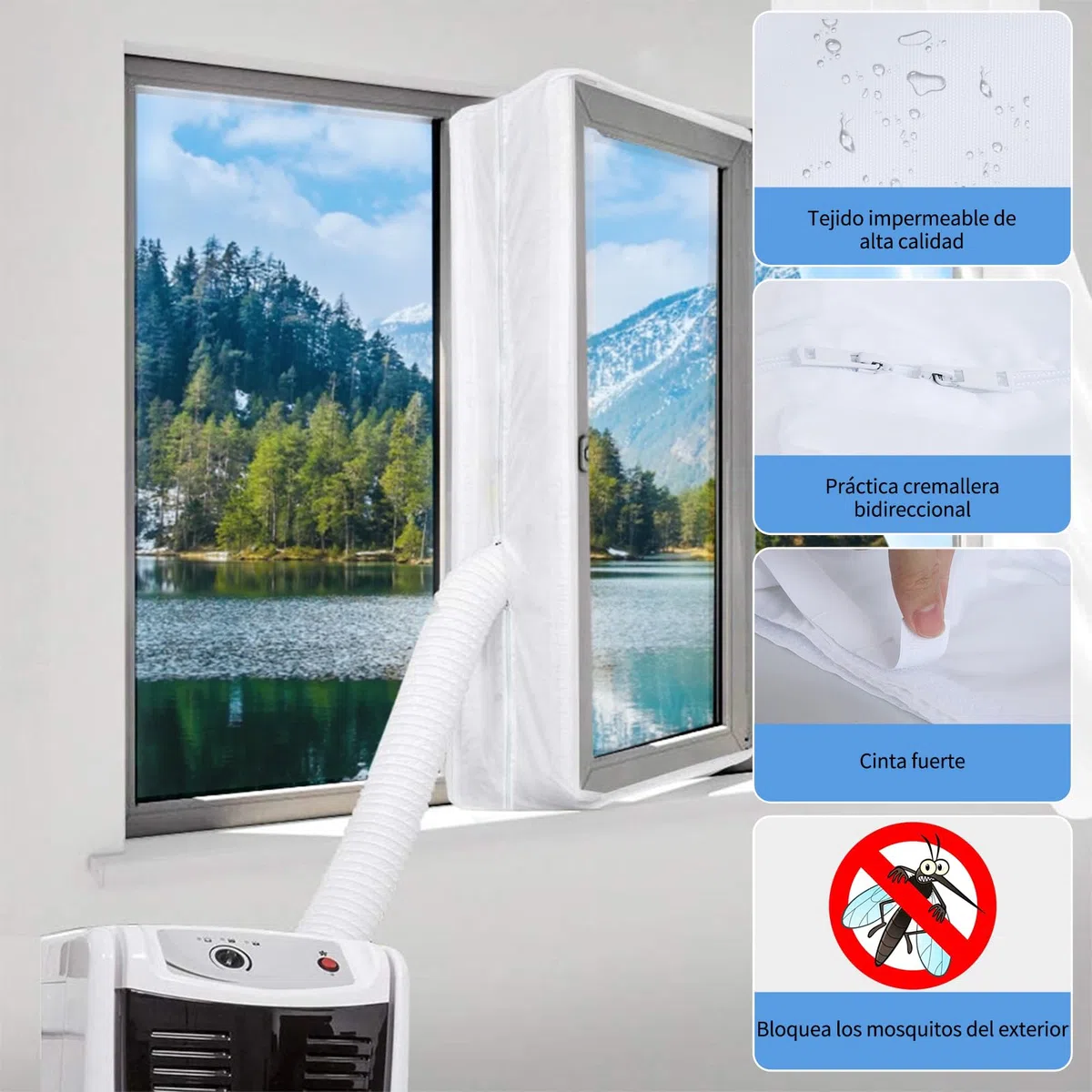Sello de Ventana para Aire Acondicionado Portátil (400cm), Kit Universal Aislante con Cremallera Doble, Fácil de Instalar Sin Taladrar
