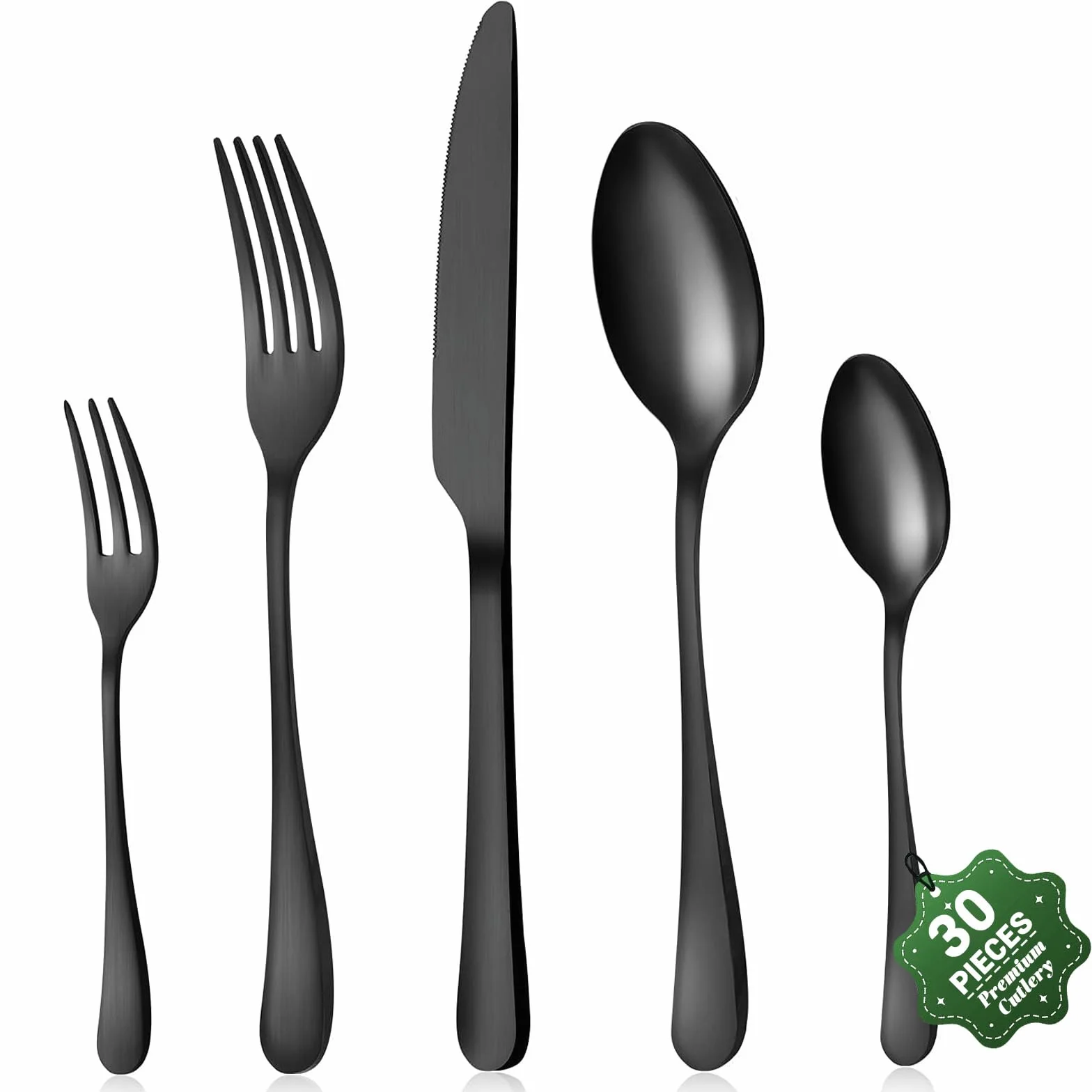 BEWOS Juego de cubiertos para 6 personas, juego de cubiertos negro mate de 30 piezas que incluye cuchillo, tenedor, cuchara, cubiertos de acero inoxidable, apto para lavavajillas