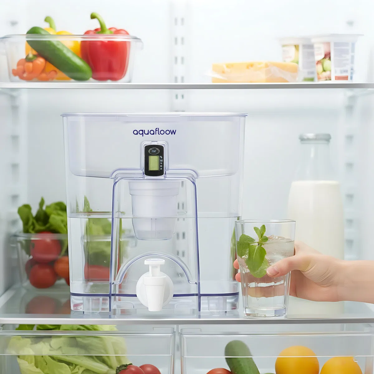 Aquafloow Jarra Filtrante 9,5L, Dispensador de Agua Todo en 1 con Grifo y Filtro, Reducción de Cal, Cloro, Plomo y Cobre en el Agua Potable – Solución Ecológica y Práctica