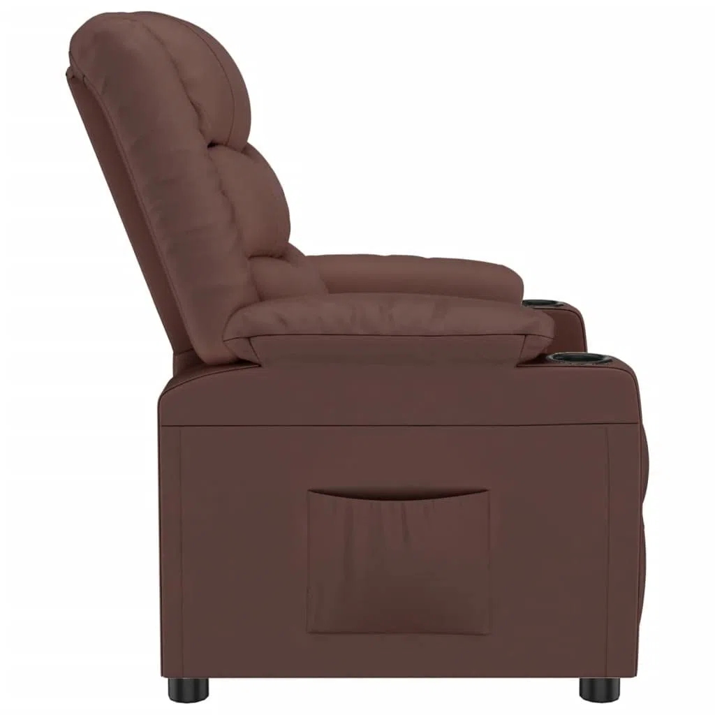 Sillón de relax manual marrón de piel sintética con 3 posiciones, respaldo y reposapiés ajustables manualmente, asiento acolchado grueso con reposabrazos anchos, marco de madera y metal