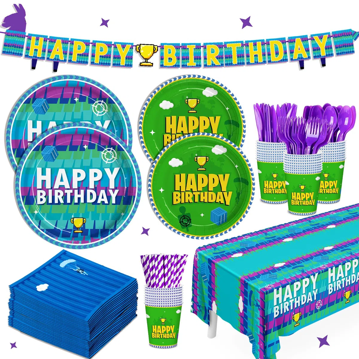 Juego de 194 piezas de decoración de fiesta de cumpleaños de videojuegos, platos de noche, servilletas, temática de llama, vasos de papel, mantel, suministros de fiesta de videojuegos para niños