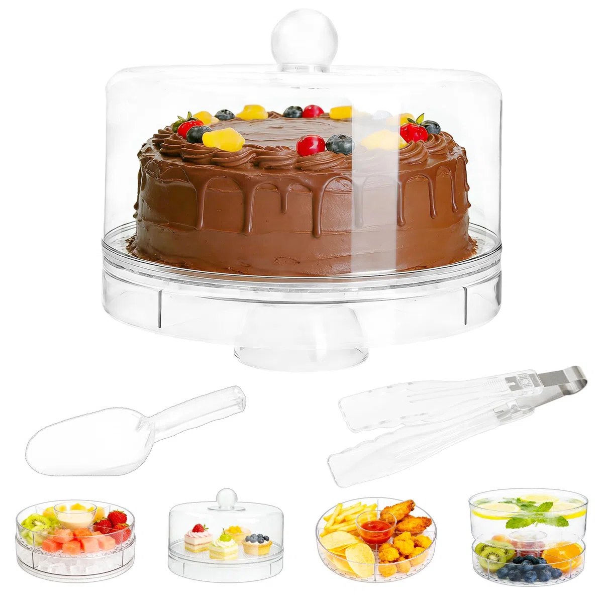 Bandeja para tartas con tapa, soporte para tartas 6 en 1 con pie, campana de plástico redonda, plato giratorio con pala de hielo y pinzas de cocina, plato de servir ensalada de aperitivos y