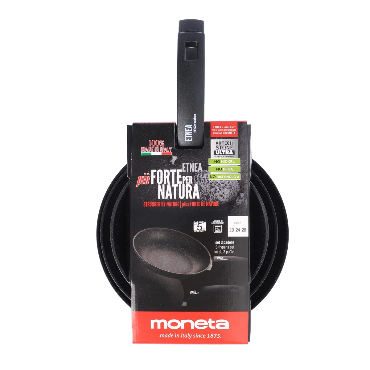Moneta Etnea Juego de 3 Sartenes, Superficie de Piedra Antiadherente y Revestimiento Antirayadura, Aptas para la Mayoría de las Cocinas, Aptas para el Lavavajillas, Medidas: 20, 24, 28 cm