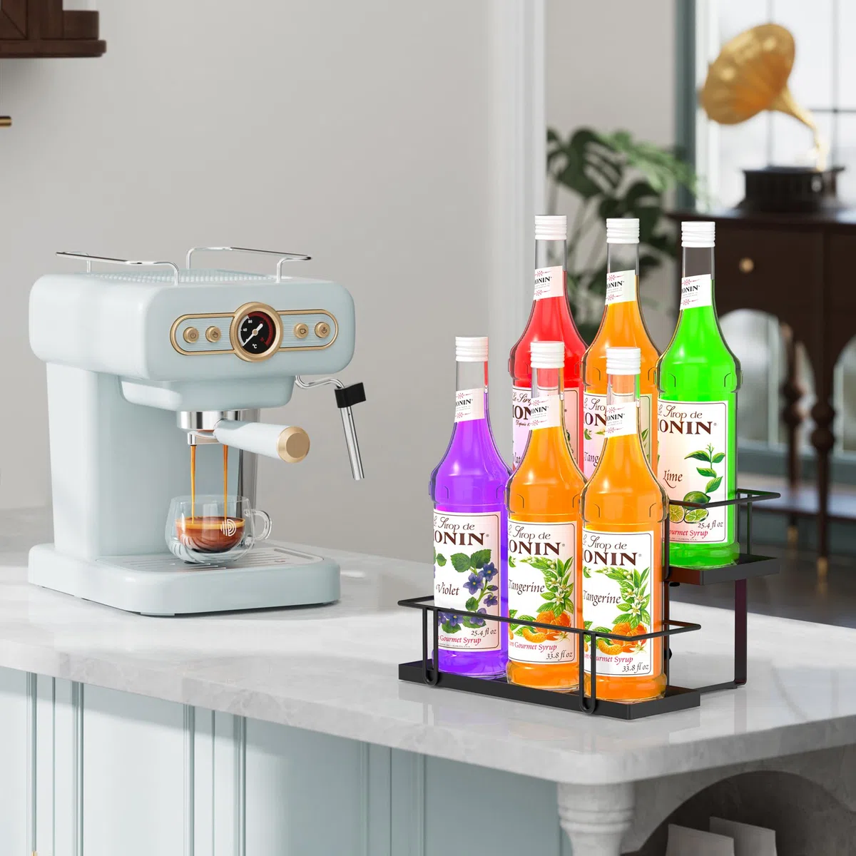 Organizador de jarabe de café con capacidad para 6 botellas, estante de jarabe de café de 2 niveles para cocina, cafetería, estante de vino de metal para encimera, bar y familia