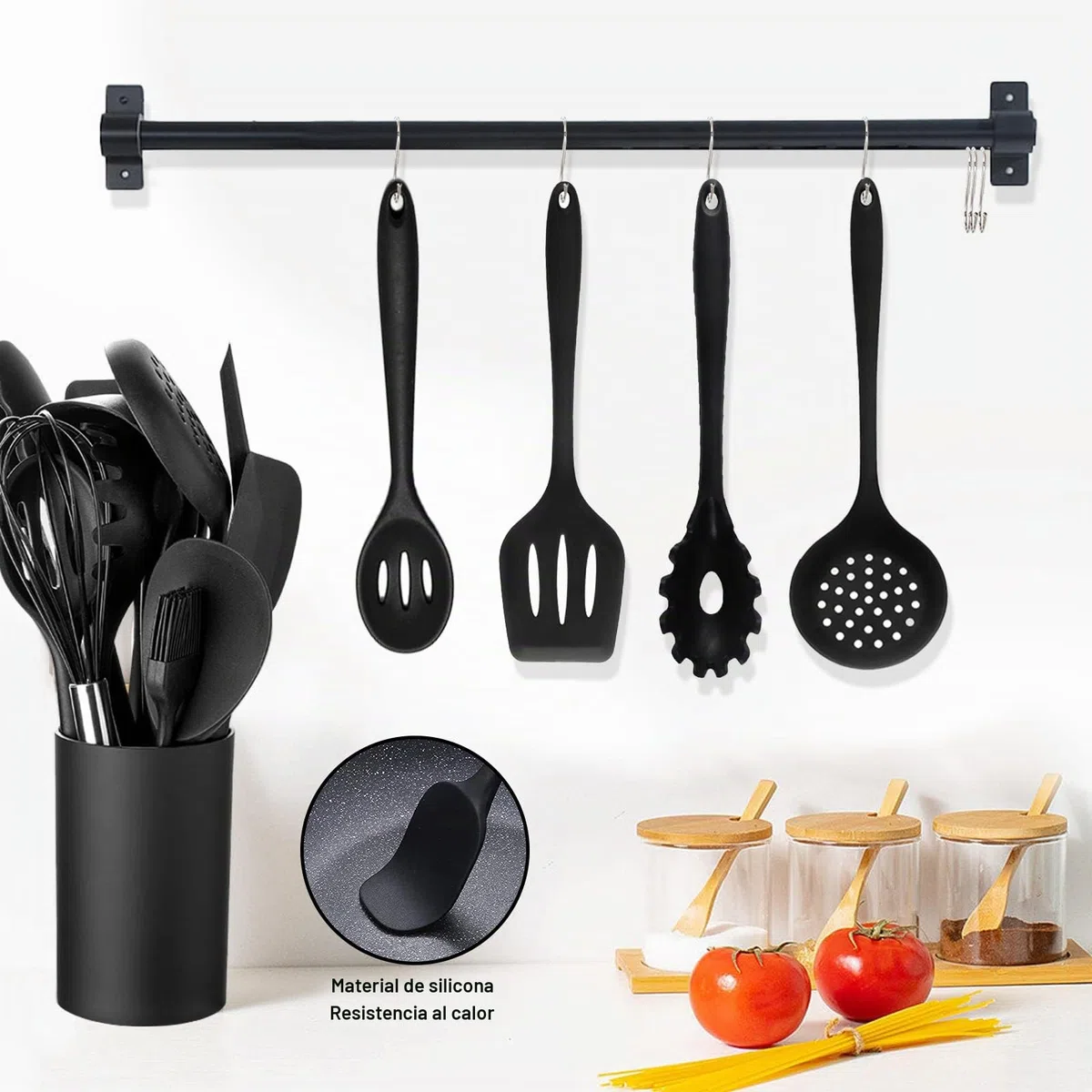 Utensilios Cocina de Silicona Antiadherente, 49 Piezas, Resistente al Calor, sin BPA, 5 Cucharas Medidoras y 20 Ganchos (Negro)