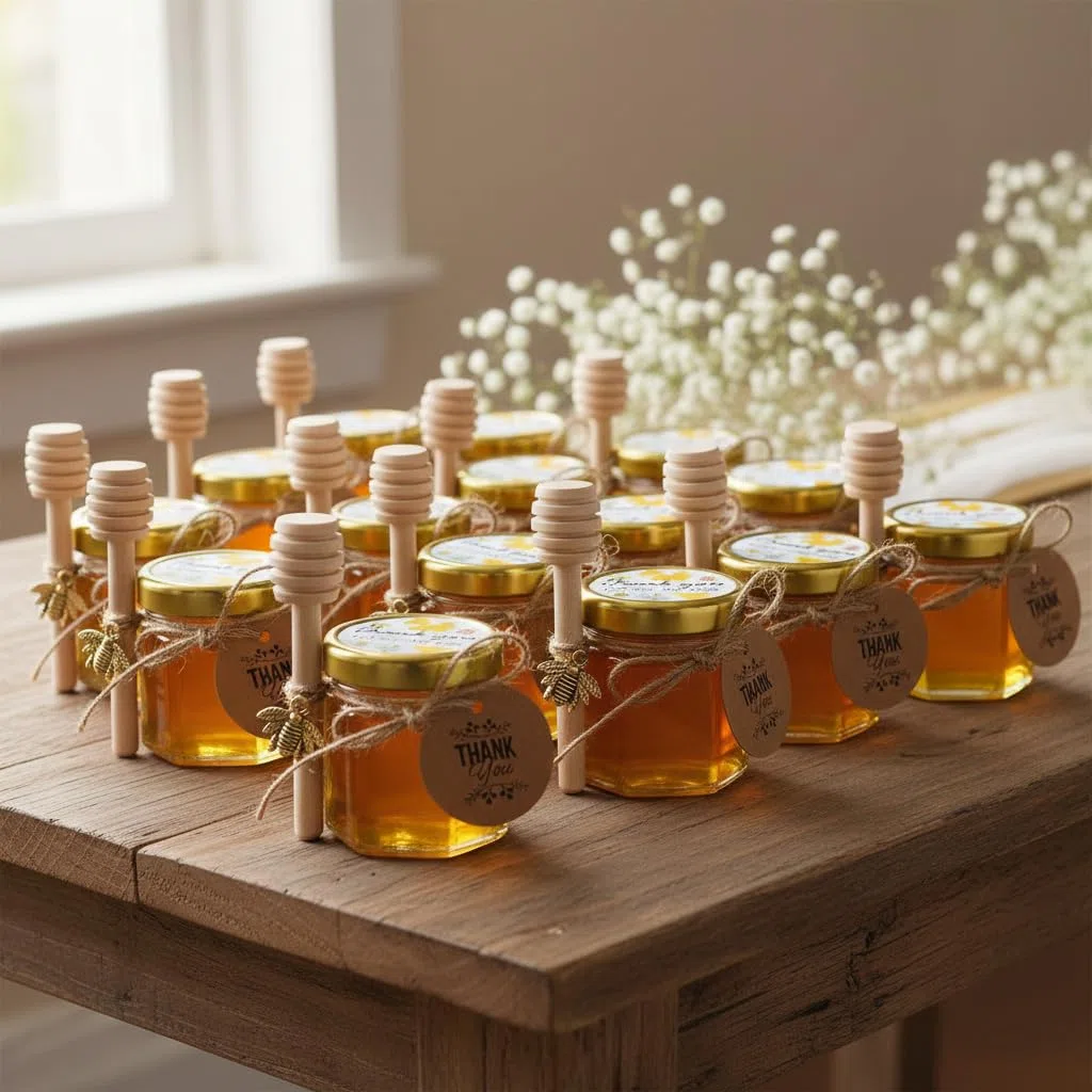 Paquete de 20 mini tarros de miel hexagonales de 1,5 oz con cucharones de madera, tapas doradas, colgantes de abeja, yute, bolsas de regalo doradas, perfecto para baby shower, recuerdos de boda