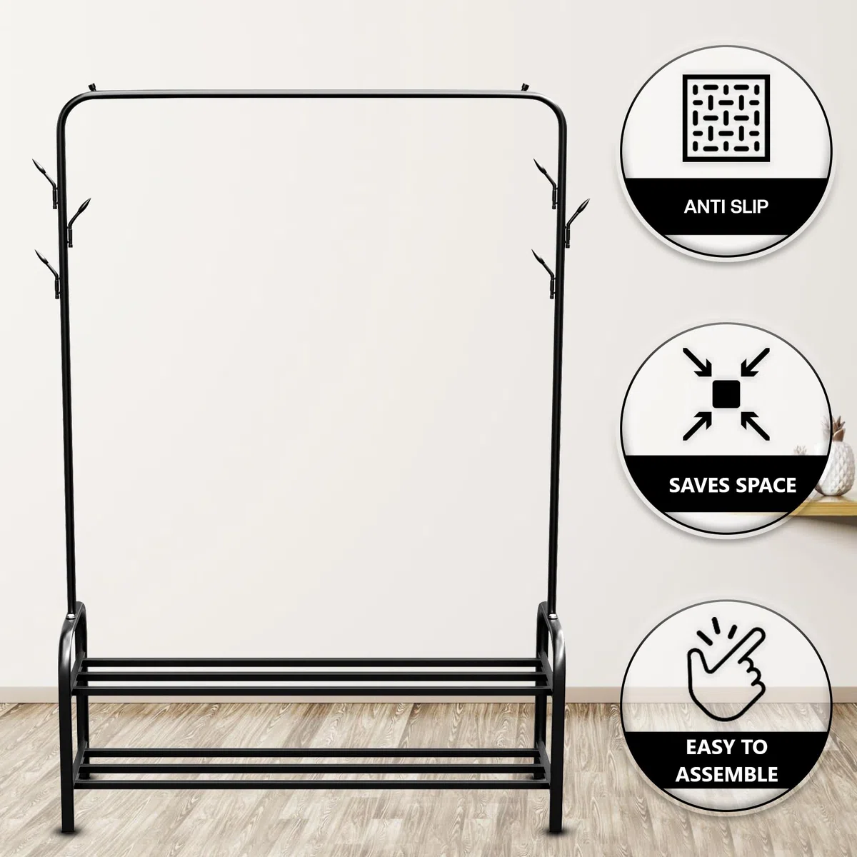 Vonia Perchero de Pie Burro Ropa con Ruedas – Perchero Metálico Movible con Zapatero, 102 x 34 x 152 cm, Resistente y Estable (Negro)
