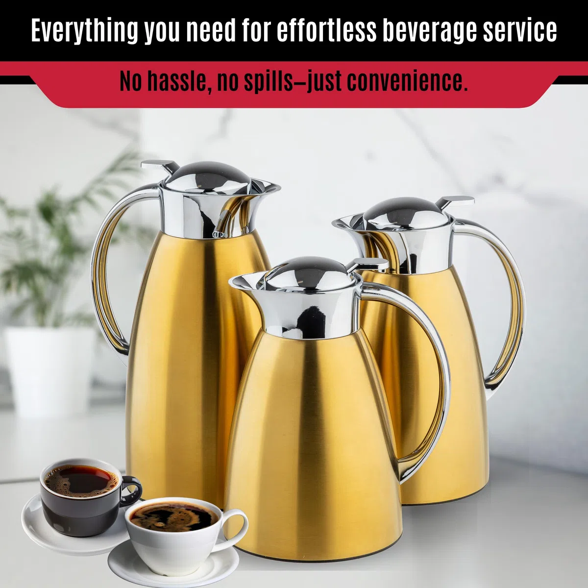 TableCraft 12679 - Jarra de café de acero inoxidable cepillado con acabado PVD dorado, aislado al vacío, dispensador de café ligero a prueba de fugas, para cafeterías, restaurantes y catering