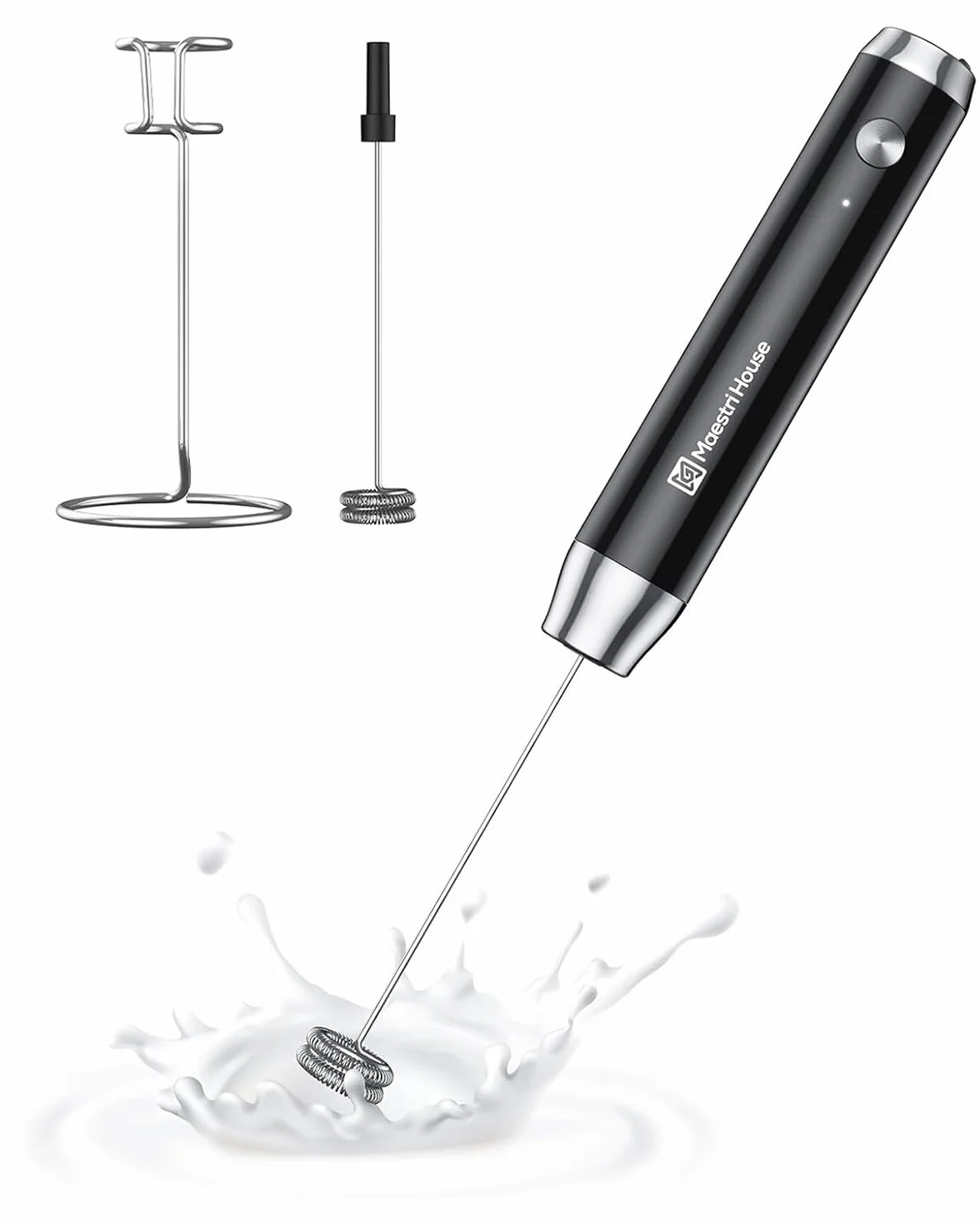 Maestri House Espumador de Leche, Recargable Espumador Leche Electrico con Agitador de Acero Inoxidable, Impermeable Mini Batidor Electrico para Café, matcha, Lattes, capuchino, LunaFro (Con Soporte)