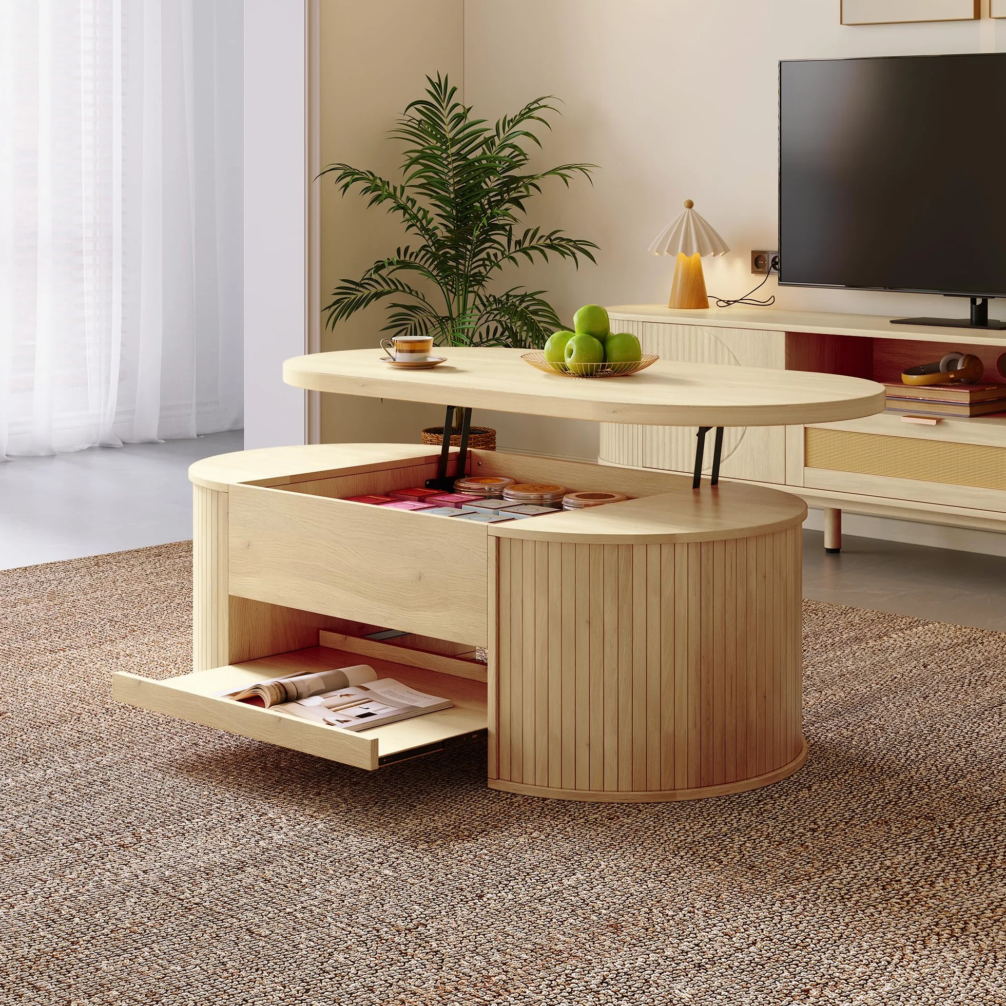 Mesa de centro con lados curvos de madera, estante extensible, mesa elevable, mueble de salón multifuncional 60 x 110 cm (color madera)