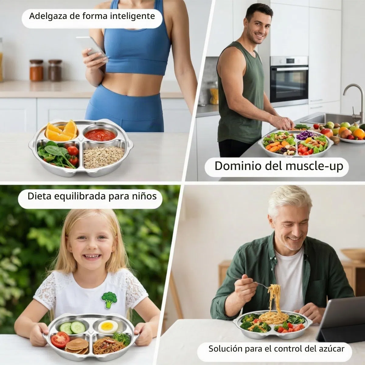 Noamus Paquete de 3 platos divididos de acero inoxidable, plato de cena 304 de 4 secciones, bandeja de control de porciones de dieta, plato de comida en forma de búho de 9 pulgadas para adultos,