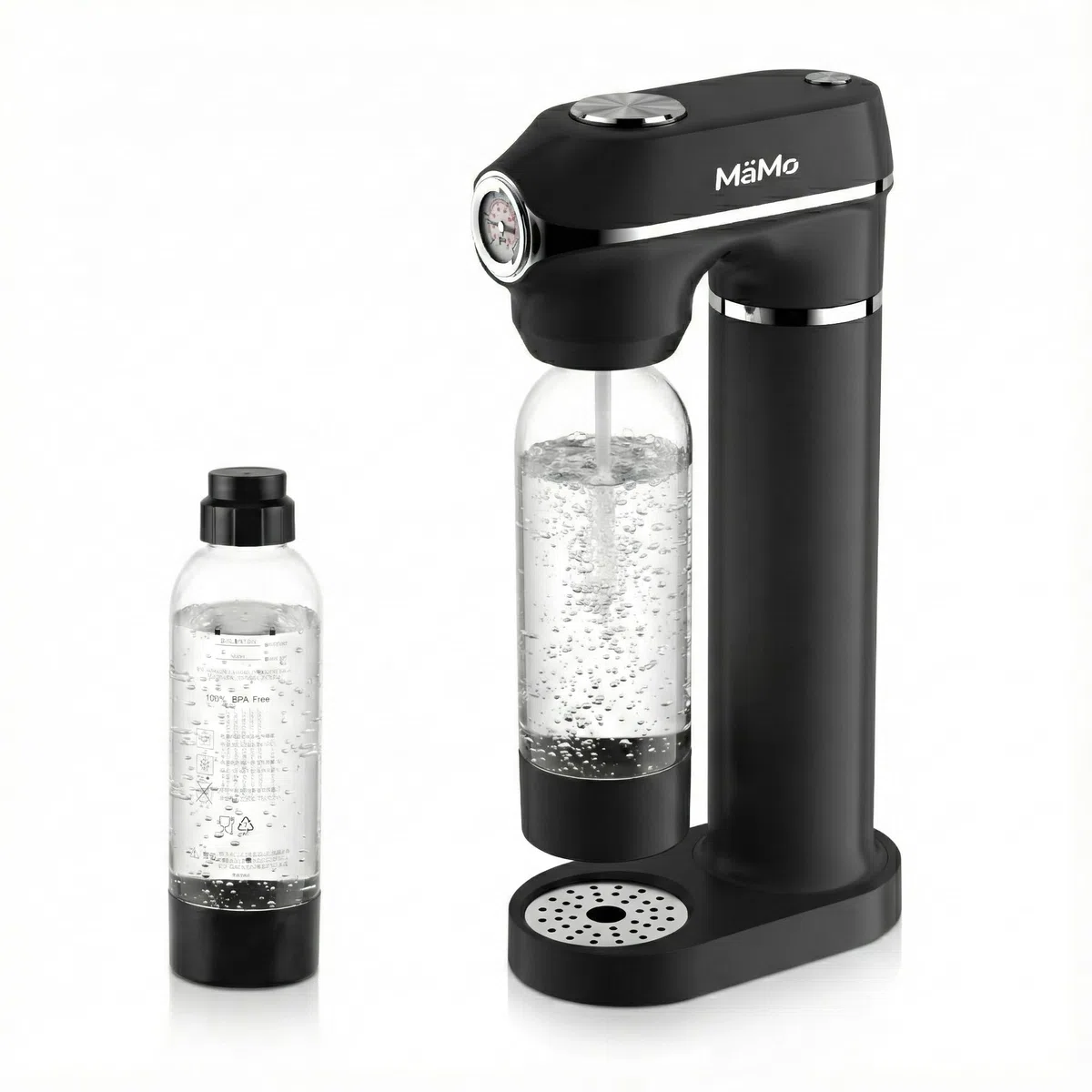 Pulverizador de agua y soda – Carbonador de agua brillante con botella de PET de 1 l y 0,5 l sin BPA, regulación automática de la presión y operación con un solo botón