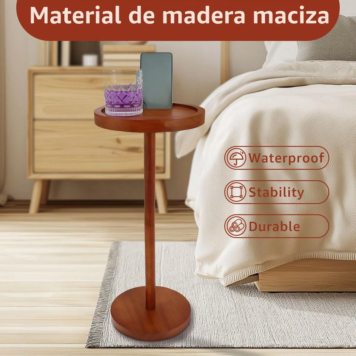 NIHUIFDPY Mesa auxiliar pequeña redonda de madera con soporte para teléfono, 23,8 x 55 cm, mesita de noche, sofá, mesas auxiliares para espacios pequeños, sala de estar, dormitorio, balcón y patio