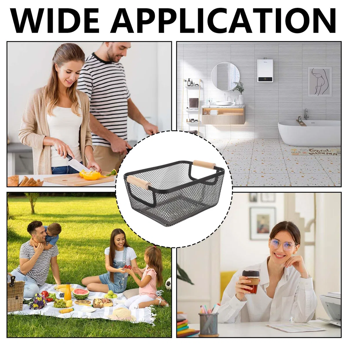 Cestas De Alambre, 2PC Cestas De Almacenamiento De Metal Negro Cesta De Cocina Con Asas De Madera Frutas Organizador Colgante Multifuncional Cestas De Estante Para Cocina Despensa Baño Dormitorio