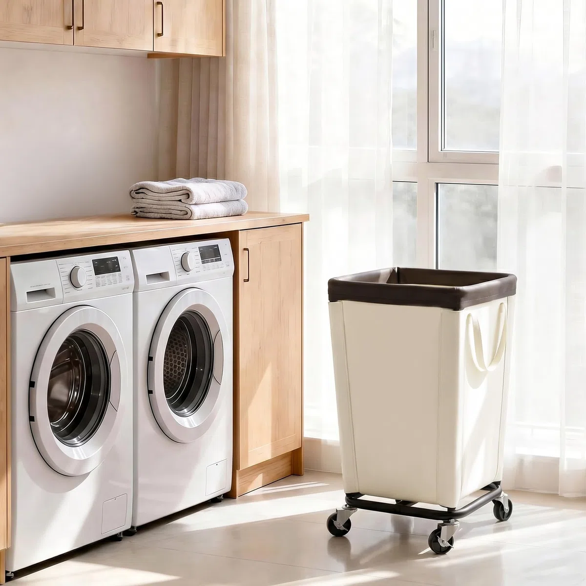 StorageWorks Cesta de lavandería con ruedas, cesta rodante de 150 L, cesta de ropa sucia resistente para el hogar y la lavandería, color beige