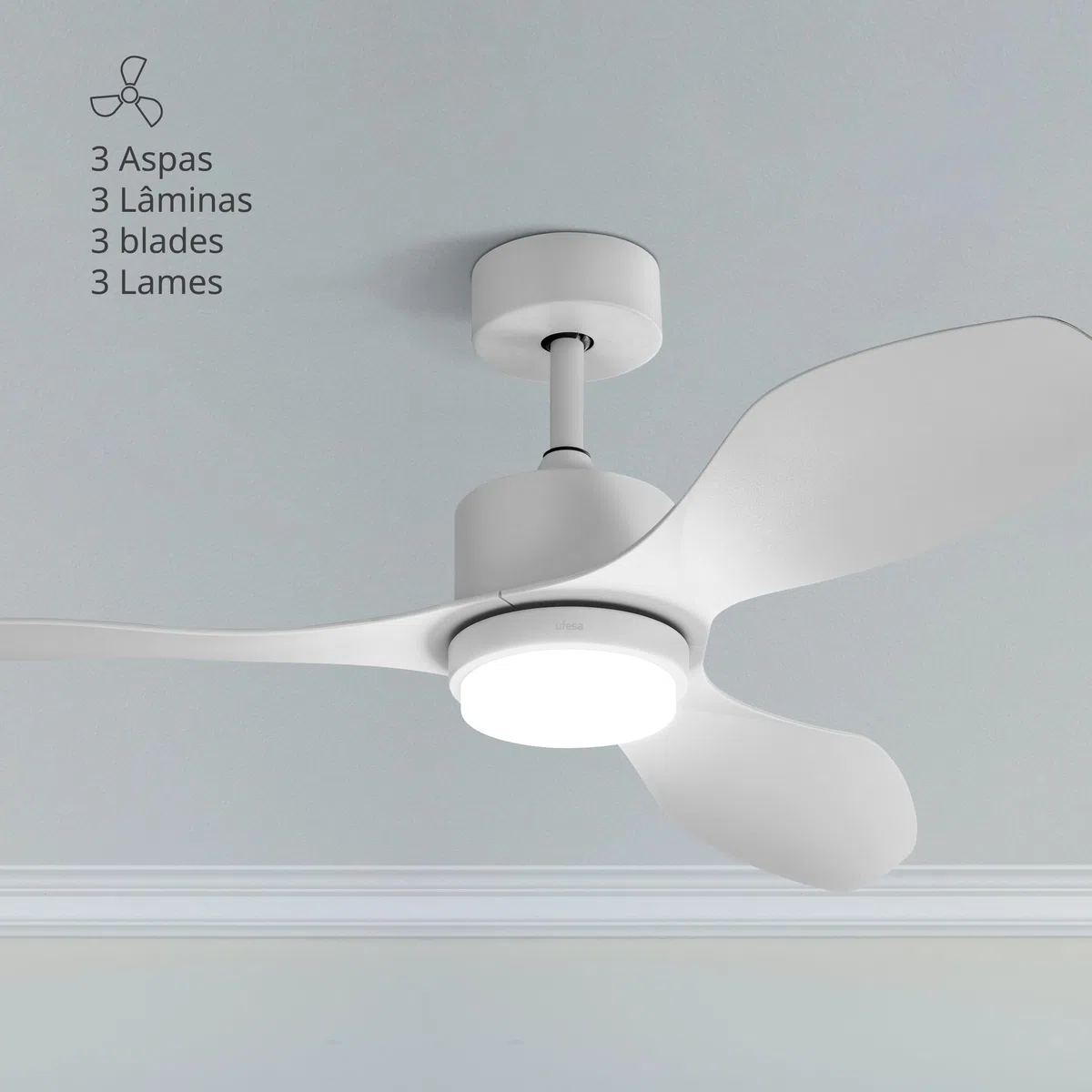 Ufesa Bután Ventilador de Techo con Luz, 30W, 6 Velocidades, Ultra Silencioso, 3 Aspas de 122cm, Función Verano - Invierno, Temporizador 8h, 3 Niveles Luz, Mando a Distancia, Blanco