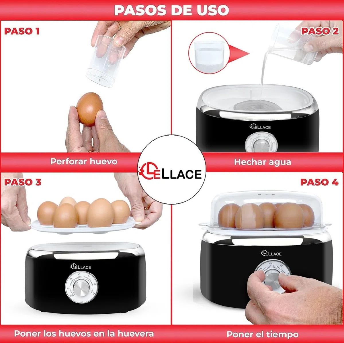 Cuece Huevos Eléctrico con Temporizador Manual y Alarma. Cocedor de 1 hasta 7 huevos para hacer Huevo Duro, Mollet o Pasados por Agua. Egg Boiler de 400W con Cuenco para huevo Poché. (NEGRO)