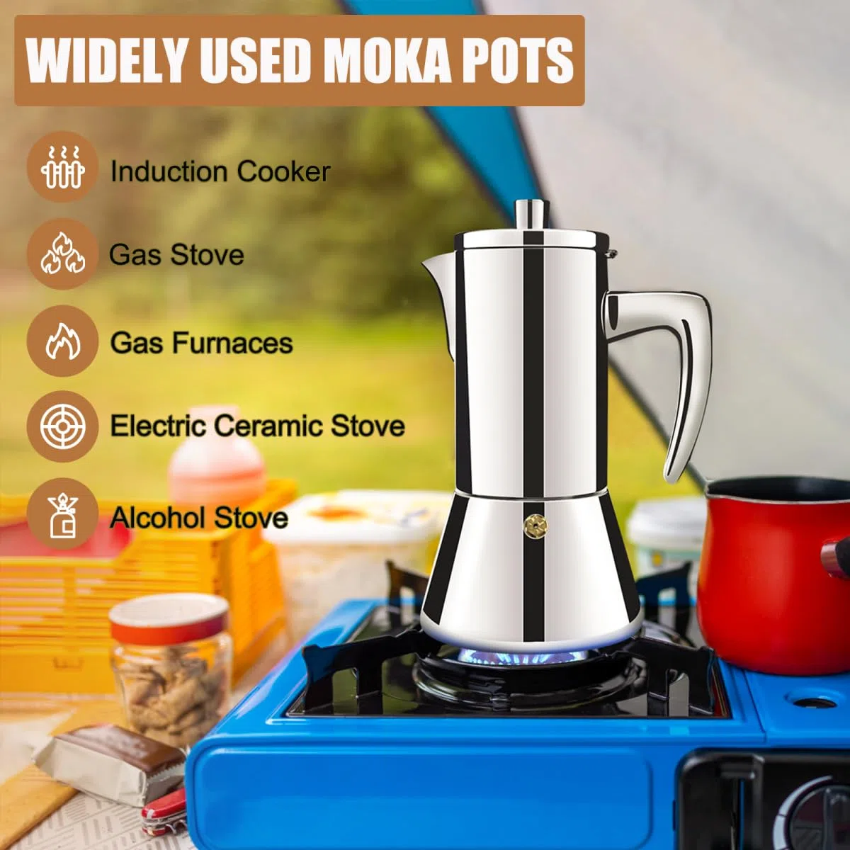 12 Taza Espesada 304 Acero Inoxidable Moka Pot Stovetop Espresso Maker Cafeteras Cafeteras Italianas Capaz Mocha Cafetera Greca Para Casa y Camping 600ml 20oz