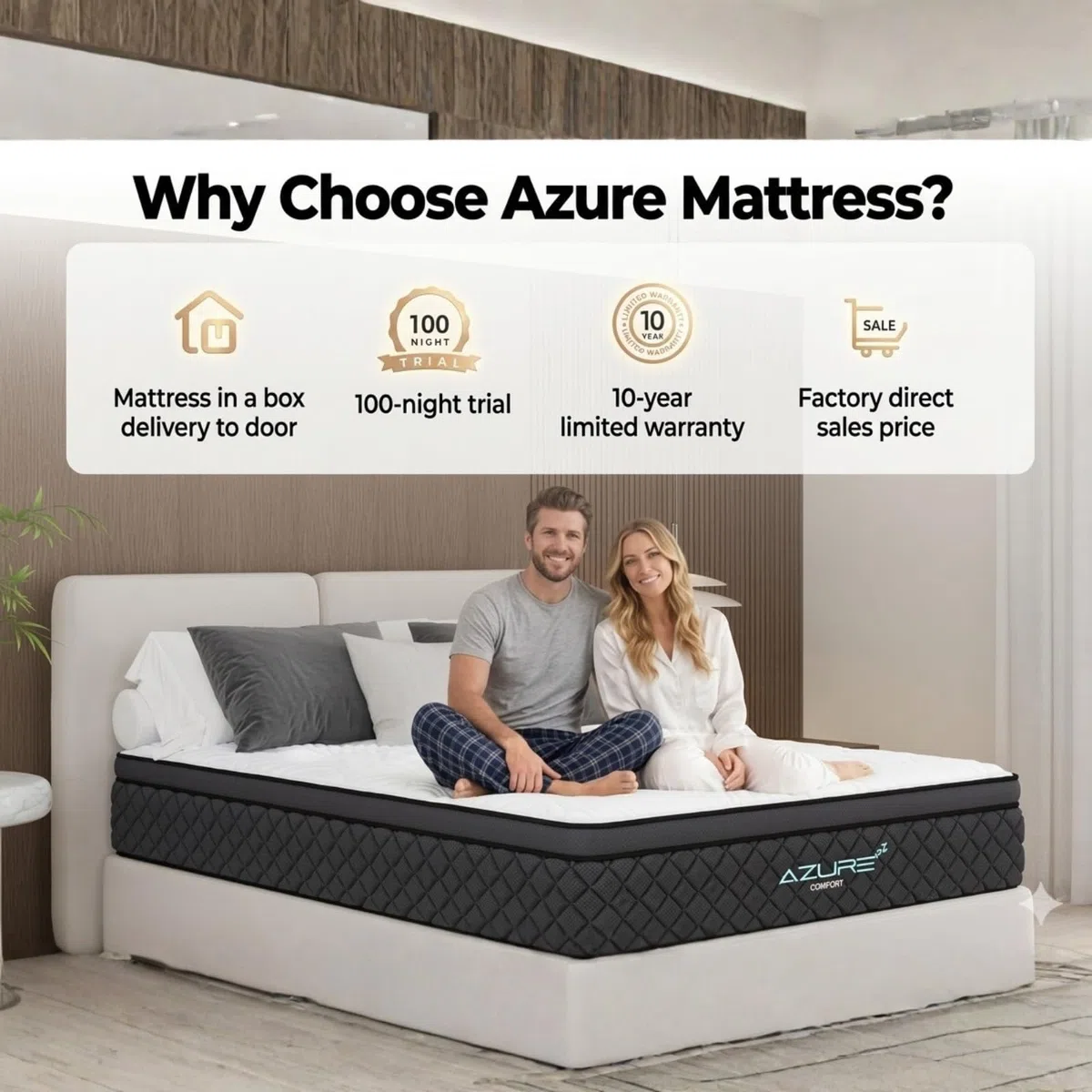 Azure - Colchón individual de 90 x 190 x 30 cm, híbrido de espuma viscoelástica de gel de 12 pulgadas, muelles ensacados ortopédicos de 7 zonas, firmeza media, sistema Wave Comfort, aislamiento de