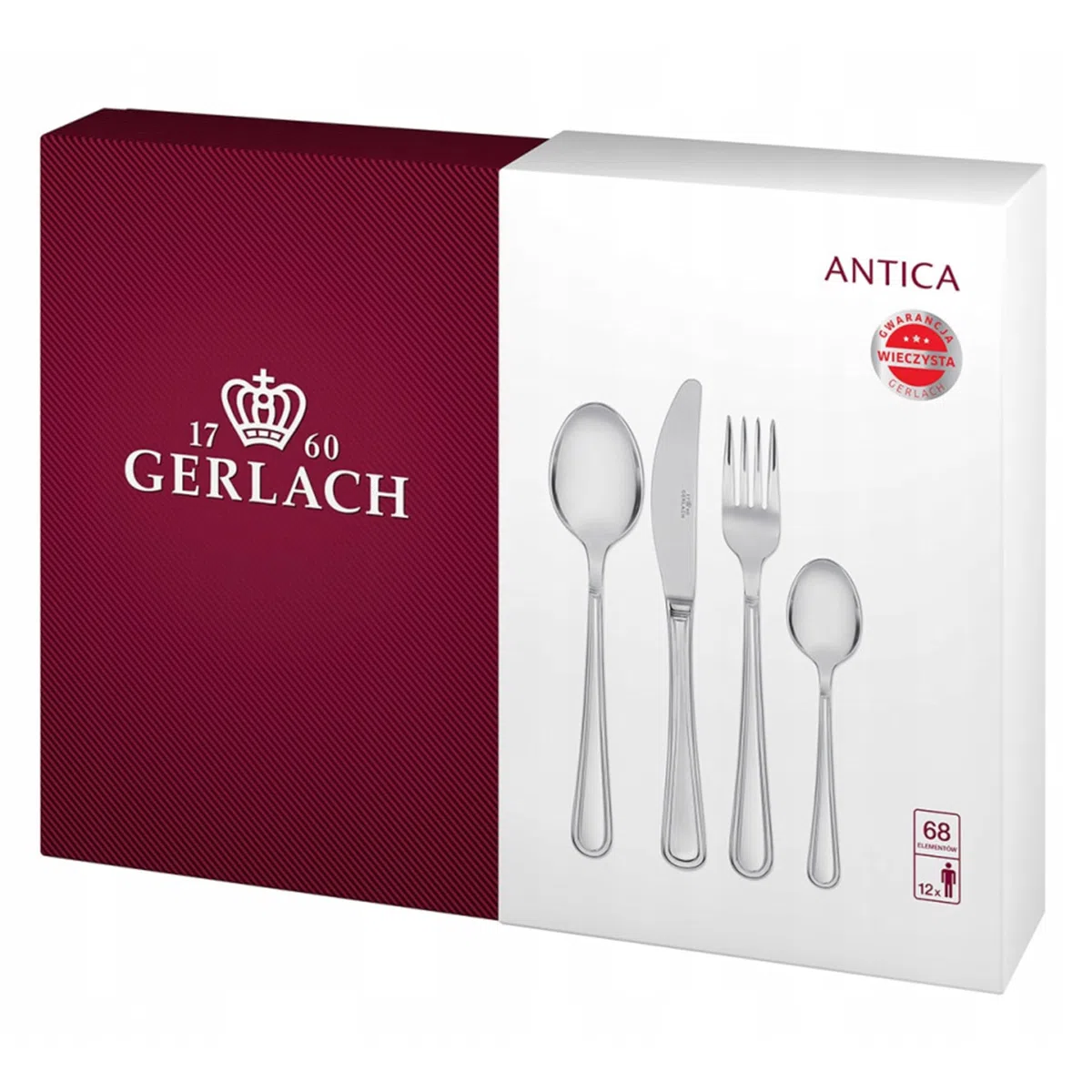 Gerlach - Cubertería Mate Antica, Acero Inoxidable, Plata, 50 x 37 x 10 cm, 68 Unidades