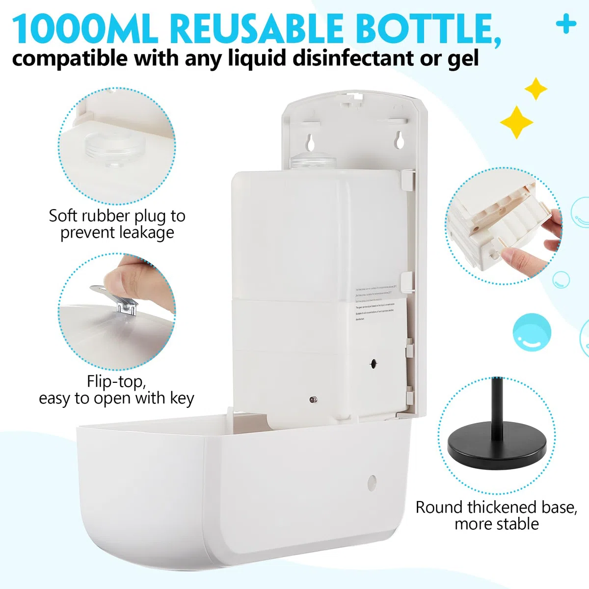 Blulu Paquete de 2 dispensadores automáticos de desinfectante de manos/jabón, dispensador de jabón con sensor automático sin contacto blanco y estación de desinfección de soporte negro con soporte de