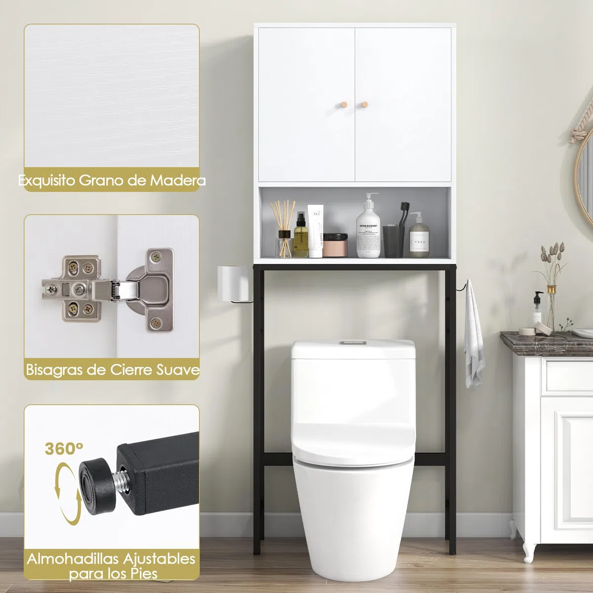 GOPLUS Armario sobre la Mesa del Inodoro, Armario de Baño con Doble Puerta, Compartimento Abierto, Estante Ajustable, Barra Inferior para Lavadero, 63x23x165,5cm (Blanco)