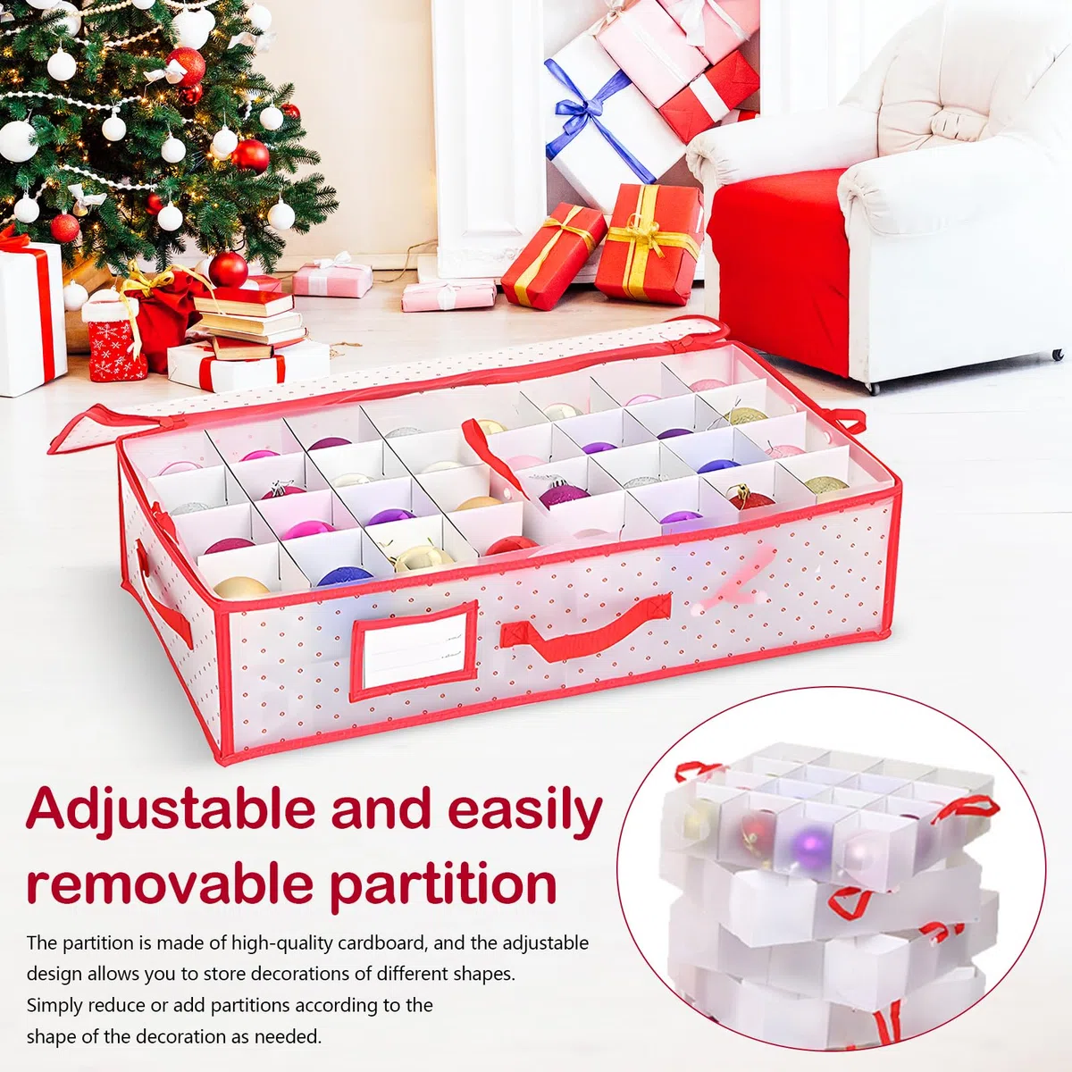 Caja Almacenamiento Bolas Navidad, Caja Transparente Rectangular Con Divisores 64 Compartimentos Organizador Adornos Navidad Plegable Para Decoraciones Navideñas 61x31x17 Cm