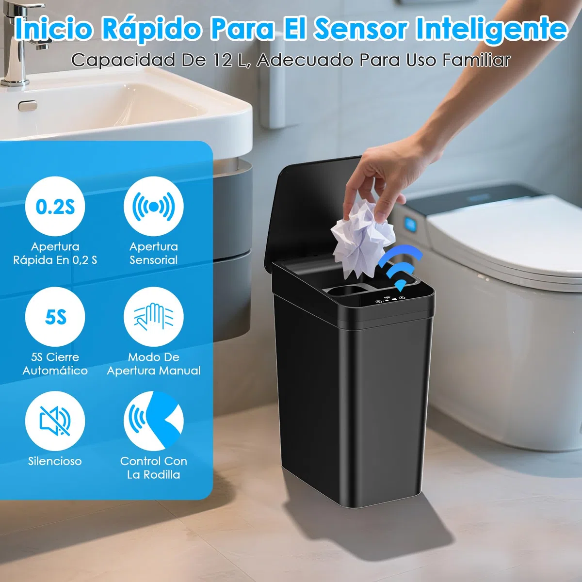 2 Papelera Baño Pequeña, Scubo de Basura con Sensor Inteligente de 12L, 3 modos de funcionamiento, Cubo Basura Automatico Silencioso e Impermeable, para Cocina, Oficina, Sala de Estar