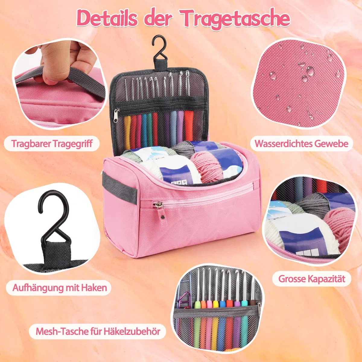 Coopay Juego de 73 agujas de ganchillo para principiantes, juego de agujas de ganchillo portátiles con 15 lana, bolsa, accesorios de ganchillo, 2,0-10 mm, agujas de ganchillo ergonómicas con mango