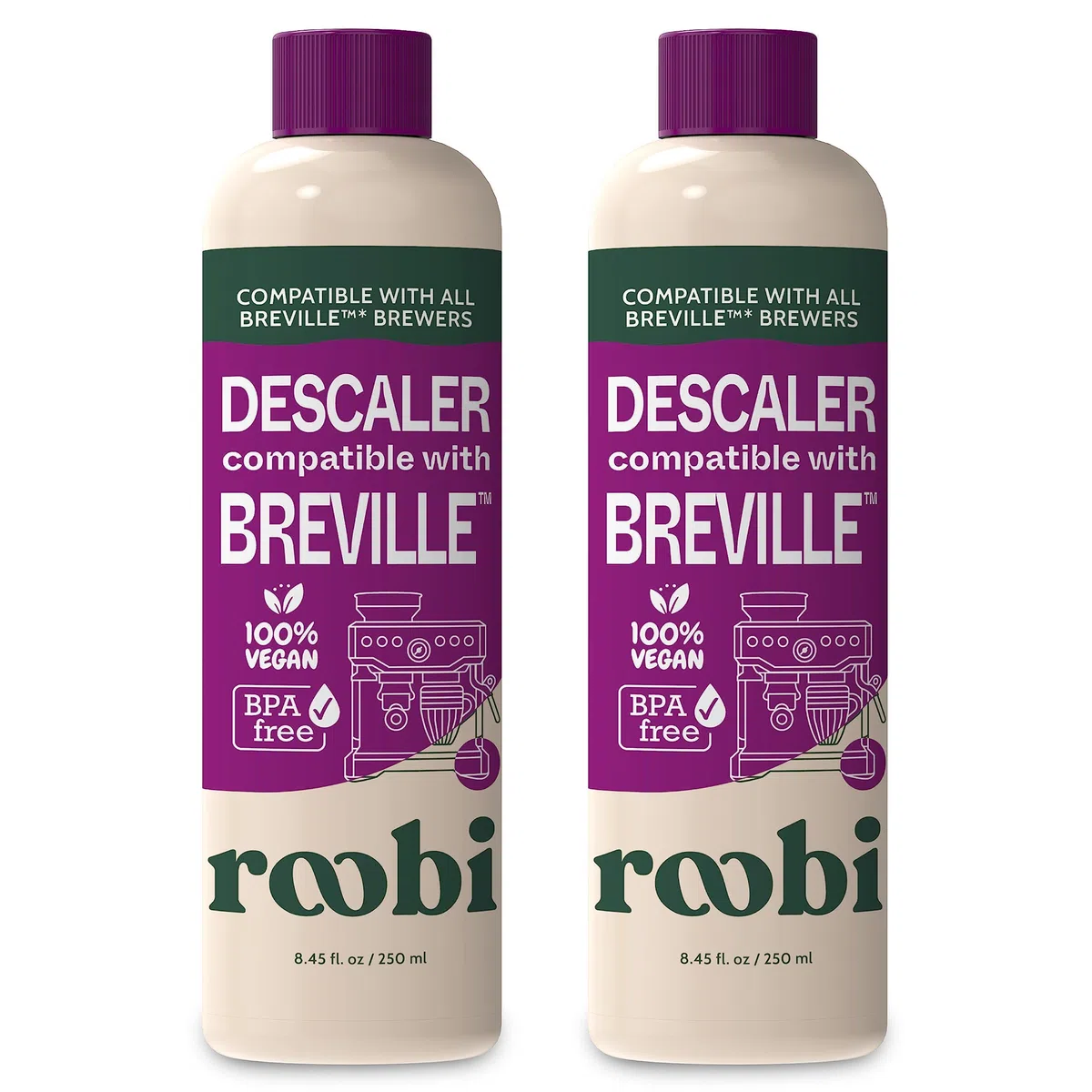 Solución descalcificadora compatible Breville. Especialmente formulada para limpiar y descalcificar tu máquina de café espresso Breville. 2 usos por botella, paquete de 2. Kit de descalcificador