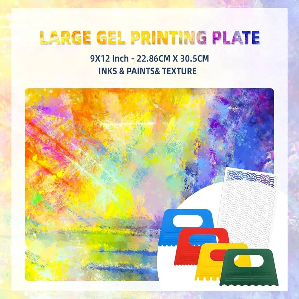 Placa de Impresión de Gel Grande, Tablero de Monoimpresión Transparente de 9x12 Pulgadas con 4 Plantillas Raspadoras, Placas de Gel Reutilizables para Imprimir
