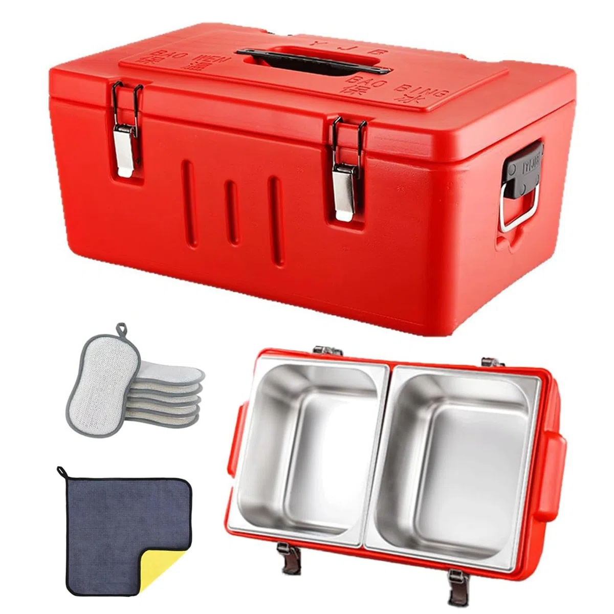 Caja calentadora de alimentos, transportador de alimentos aislado con sartenes de acero inoxidable, 4 hebillas y 2 asas, calentador de alimentos fríos y calientes para catering y camping