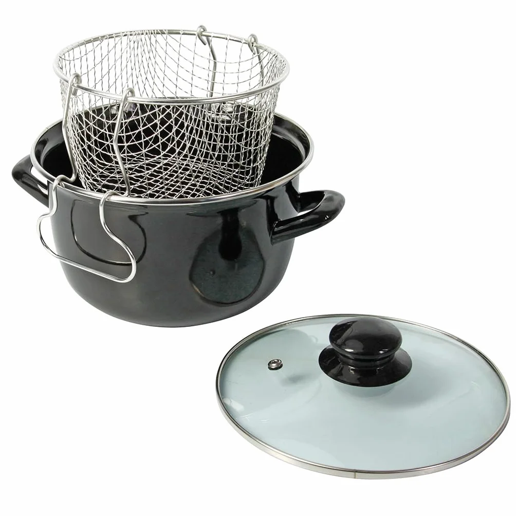 Crealys 545413 - Freidora tradicional (diámetro de 26 cm, acero esmaltado, con cesta y tapa de cristal, para hornear a la antigua patatas fritas doradas y crujientes – todo tipo de fuegos con