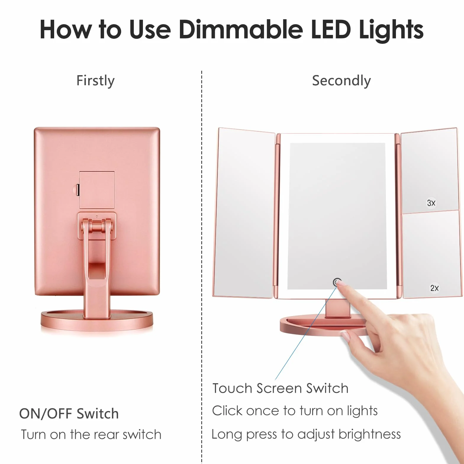 WEILY Espejo Maquillaje con Luz, Espejo Aumento con 1X/2X/3X, Espejo Led Plegable con 36 LED y Pantalla Táctil, Espejo de Mesa Soporte USB y Batería (Oro Rosa)