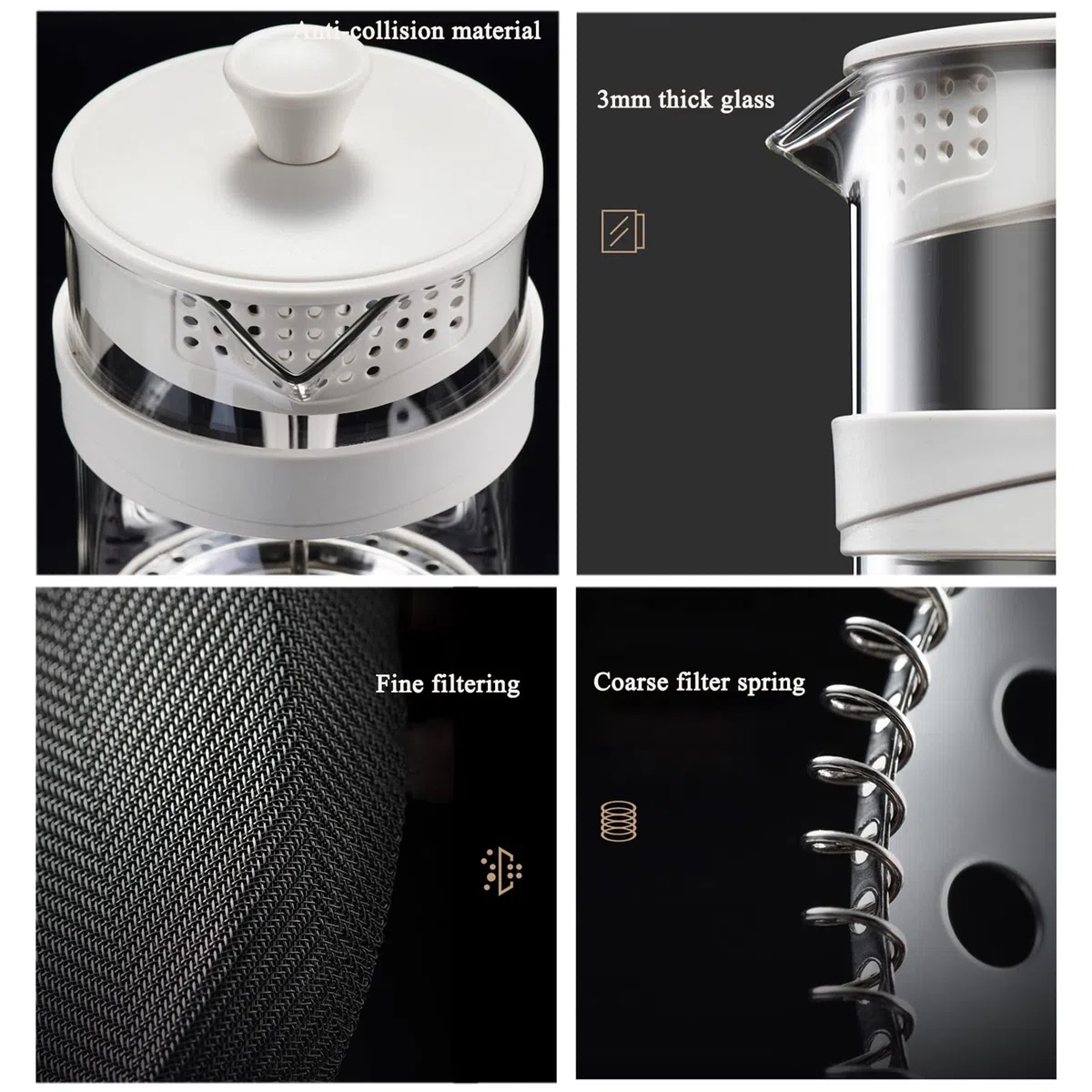 Cafetera Émbolo, Cafetera De Piston De Vidrio De Borosilicato Espesado Resistente Al Calor Con Sistema Filtración De 3 Niveles, Recipiente Extraíble Para Una Fácil Limpieza, Apta Para Camping, Prensa