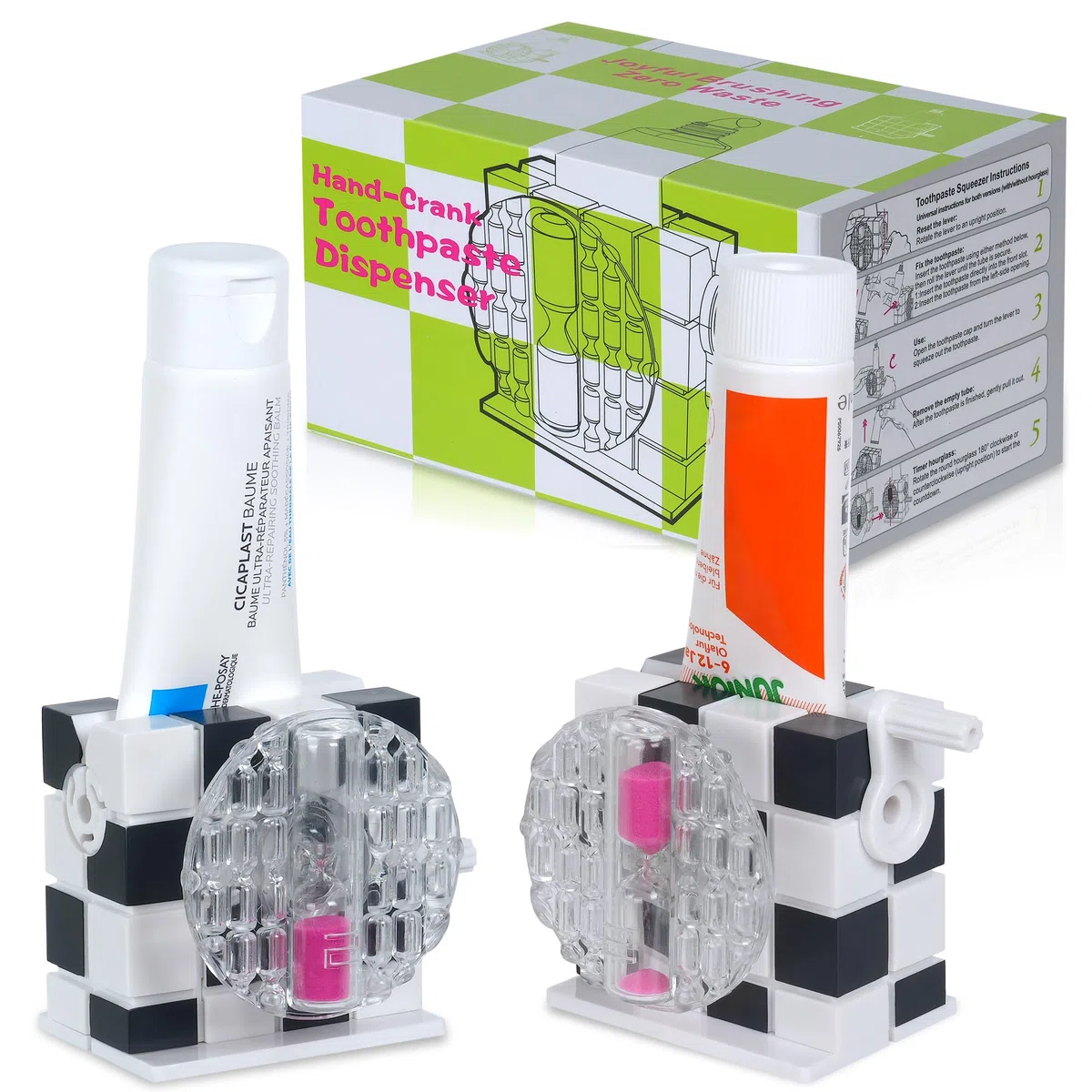 Juego de 2 exprimidores de tubos con reloj de arena de 2 minutos – Exprimidor de pasta de dientes, dispensador, soporte, exprimidor para pasta de dientes, cosméticos y más (A:negro y blanco)