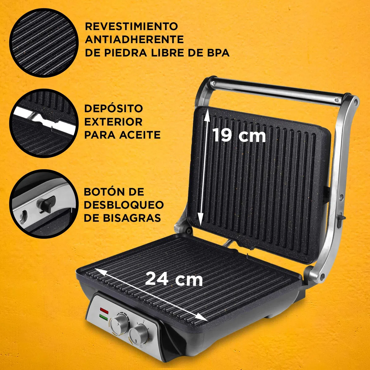 SOGO Sandwichera Eléctrica 3 en 1 - Grill Sandwichera Plancha de cocina con regulador de temperatura y temporizador, Placas Grill Antiadherentes de piedra de 24x19 cm, Apertura 180º, 2000W (SS-7137)